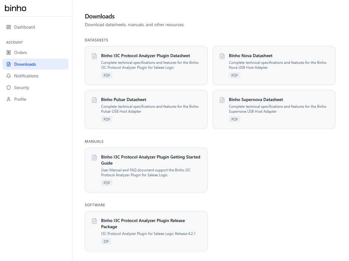 The Binho Customer Portal downloads page